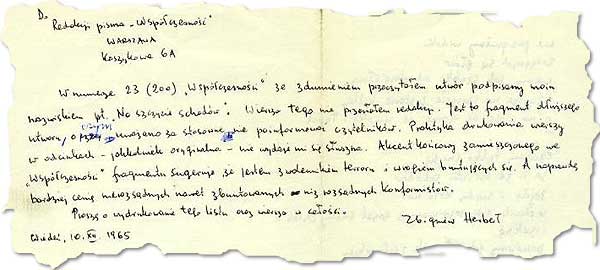 Rękopis listu Zbigniewa Herberta do redakcji Współczesności z 10 grudnia 1965 r.